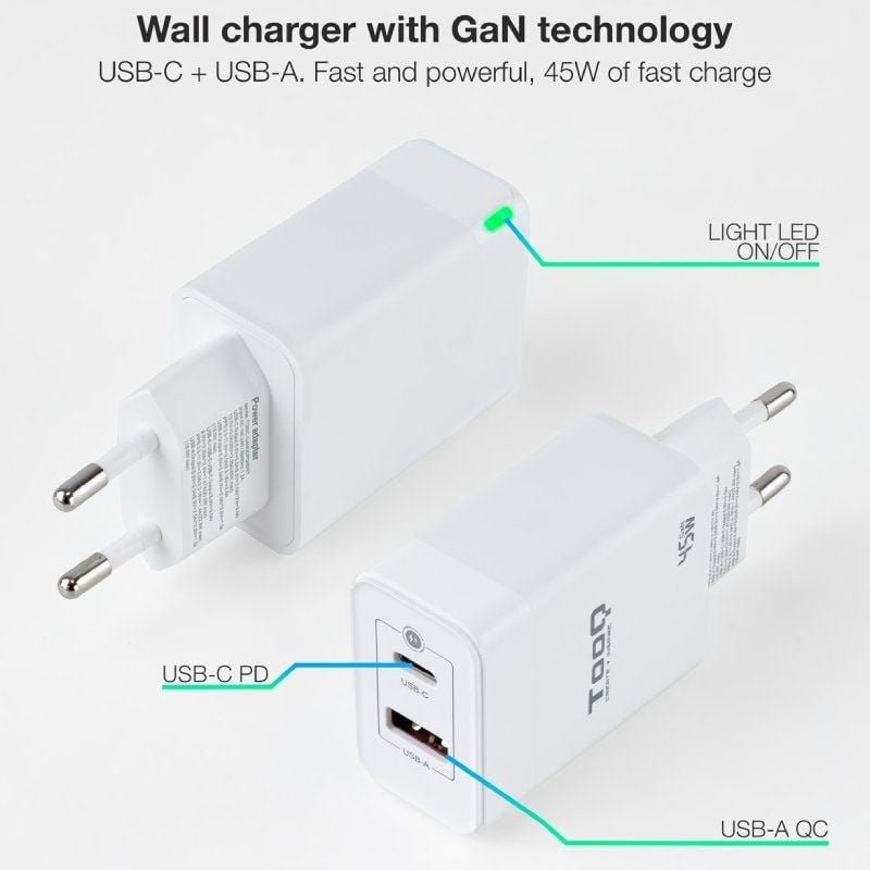 Cargador de Pared GaN TooQ TQWC-GANQCPD45WT/ 1xUSB Tipo-C/ 1xUSB/ 45W - изображение 2