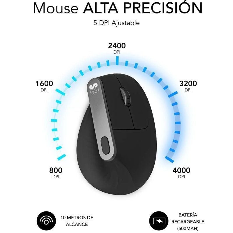 Ratón Ergonómico Inalámbrico por Bluetooth/ 2.4GHz Subblim Nature Vertical Ergo Dual Battery/ Batería Recargable/ Hasta 4000 DPI/ Negro - изображение 4