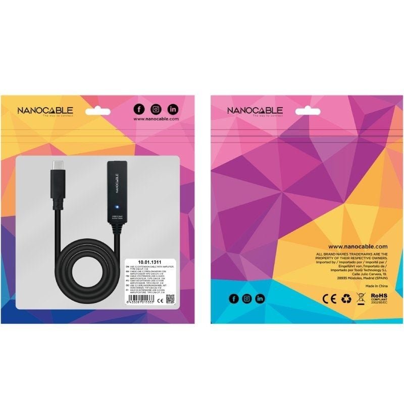 Cable Alargador USB Tipo-C 3.2 con Amplificador Nanocable 10.01.1311/ USB Tipo-C Macho - USB Tipo-C Hembra/ 5m/ Negro - изображение 5