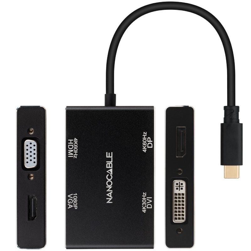 Conversor Nanocable 10.16.4307/ USB Tipo-C Macho - VGA Hembra/ DVI Hembra/ HDMI Hembra/ DisplayPort Hembra/ 10cm/ Negro - изображение 2