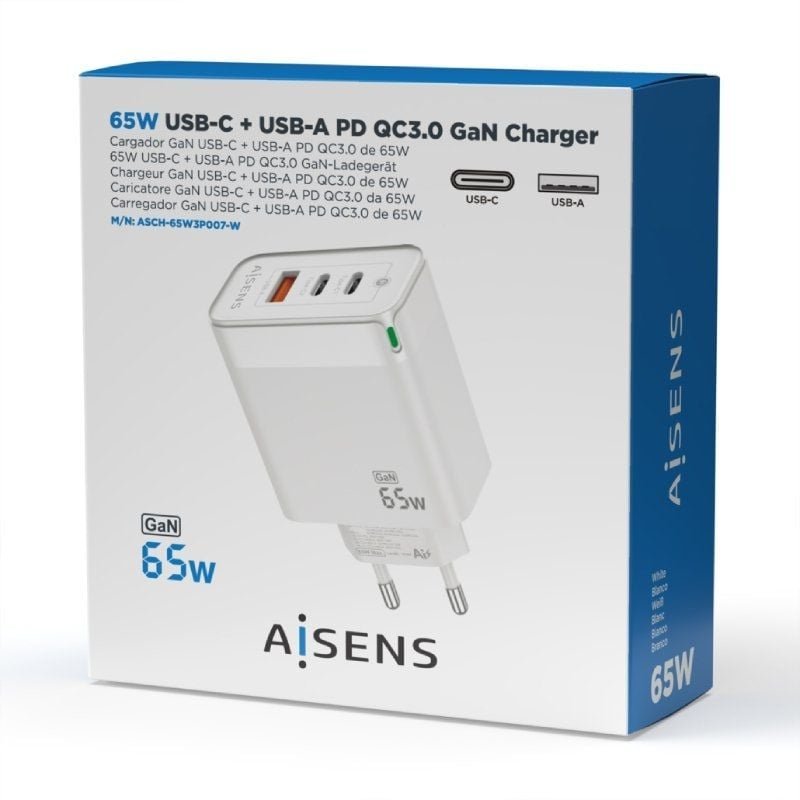 Cargador de Pared GaN Aisens ASCH-65W3P007-W/ 2xUSB Tipo-C/ 1x USB/ 65W - изображение 4