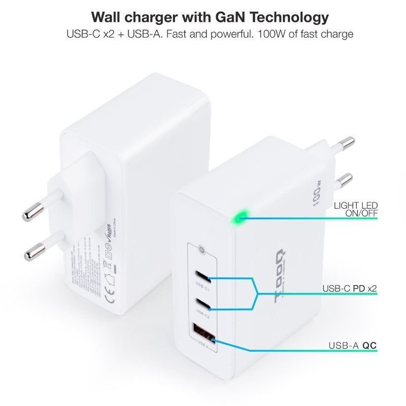 Cargador de Pared GaN TooQ TQWC-GANQC2PD100W/ 2xUSB Tipo-C/ 1xUSB/ 100W - изображение 2