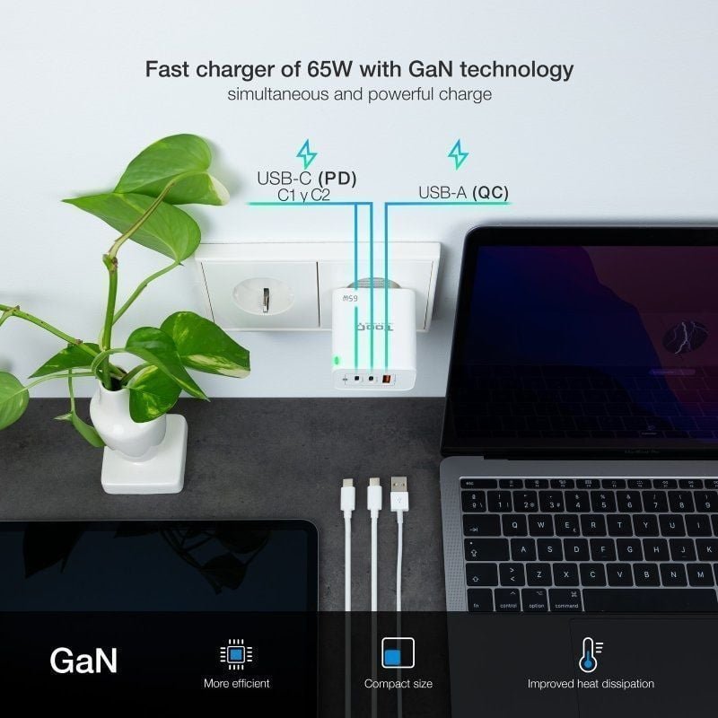 Cargador de Pared GaN TooQ TQWC-GANQC2PD65WT/ 2xUSB Tipo-C/ 1xUSB/ 65W - изображение 5