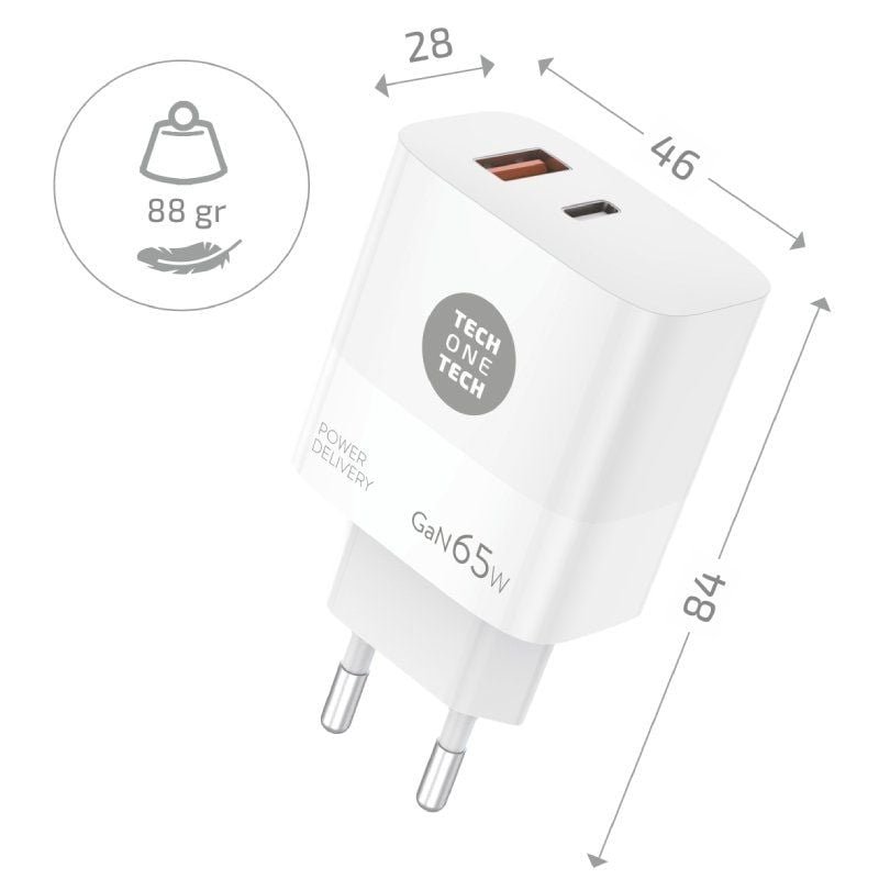 Cargador de Pared GaN Tech One Tech PD TEC2273 / 1xUSB Tipo-C/ 1xUSB/ 65W - изображение 2
