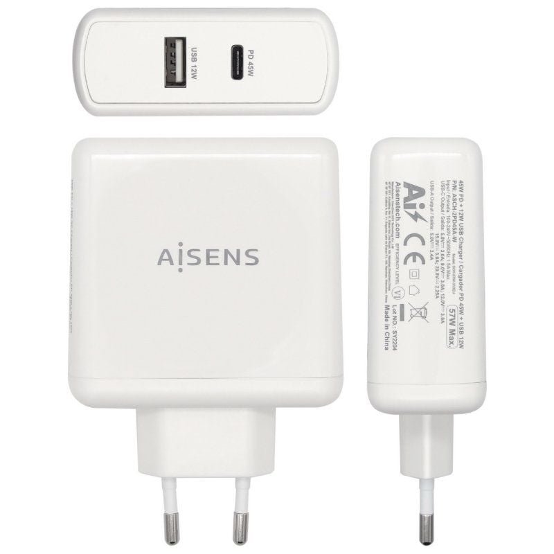 Cargador de Pared Aisens ASCH-2PD45A-W/ 1xUSB Tipo-C/ 1x USB/ 57W - изображение 2