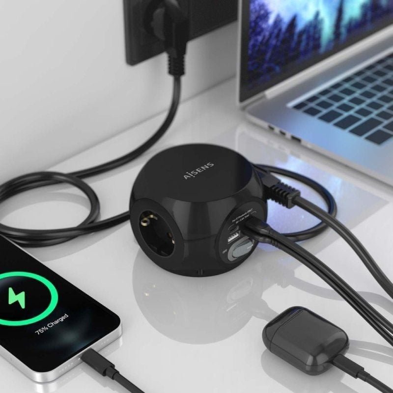 Regleta con Interruptor Aisens ASPS-2A2C05-BK/ 3 Tomas de Corriente/ 2 USB Tipo-C/ 2 USB/ Cable 1.4m/ Negro - изображение 5