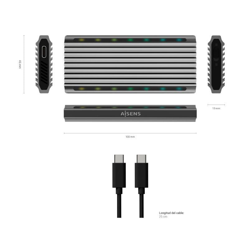 Caja Externa para Disco SSD M.2 SATA/NVMe Aisens ASM2-RGB011GR/ USB 3.2 Gen2/ Sin Tornillos - изображение 4
