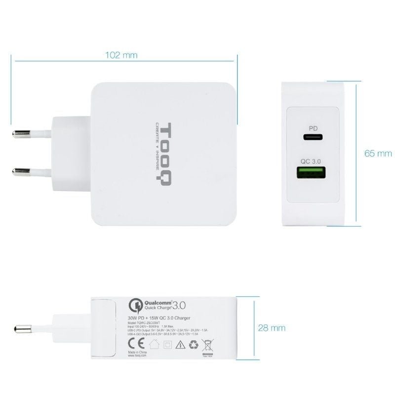 Cargador de Pared TooQ TQWC-2SC03WT/ 1xUSB Tipo-C/ 1xUSB/ 48W - изображение 3