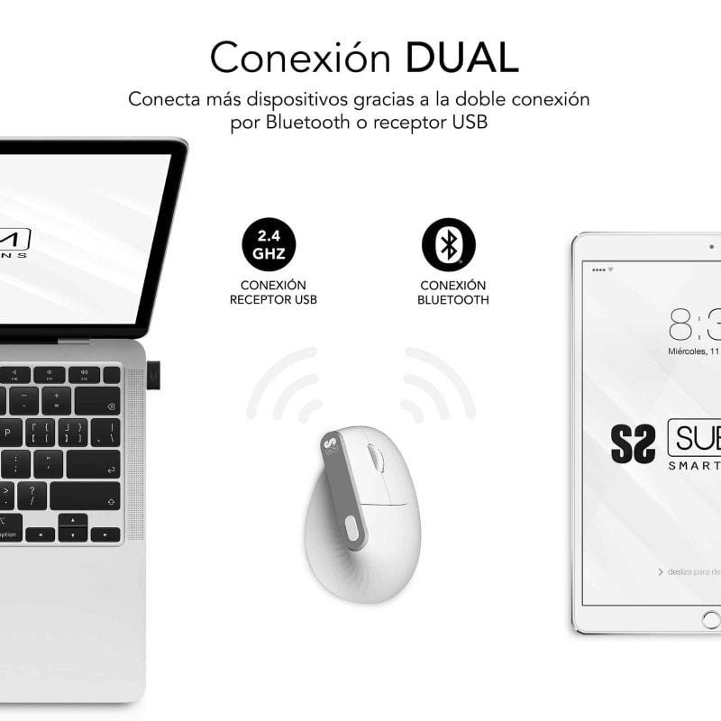 Ratón Vertical Inalámbrico por Bluetooth/ 2.4GHz Subblim Nature Vertical Ergo Dual Battery/ Batería Recargable/ Hasta 4000 DPI/ Blanco - изображение 2