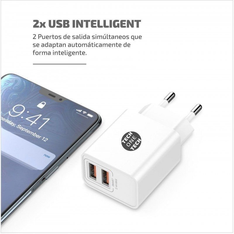 Cargador de Pared Tech One Tech TEC2403/ 2xUSB + Cable USB Tipo-C/ 12W/ Blanco - изображение 4