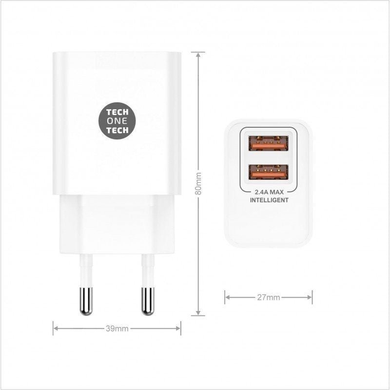 Cargador de Pared Tech One Tech TEC2403/ 2xUSB + Cable USB Tipo-C/ 12W/ Blanco - изображение 2