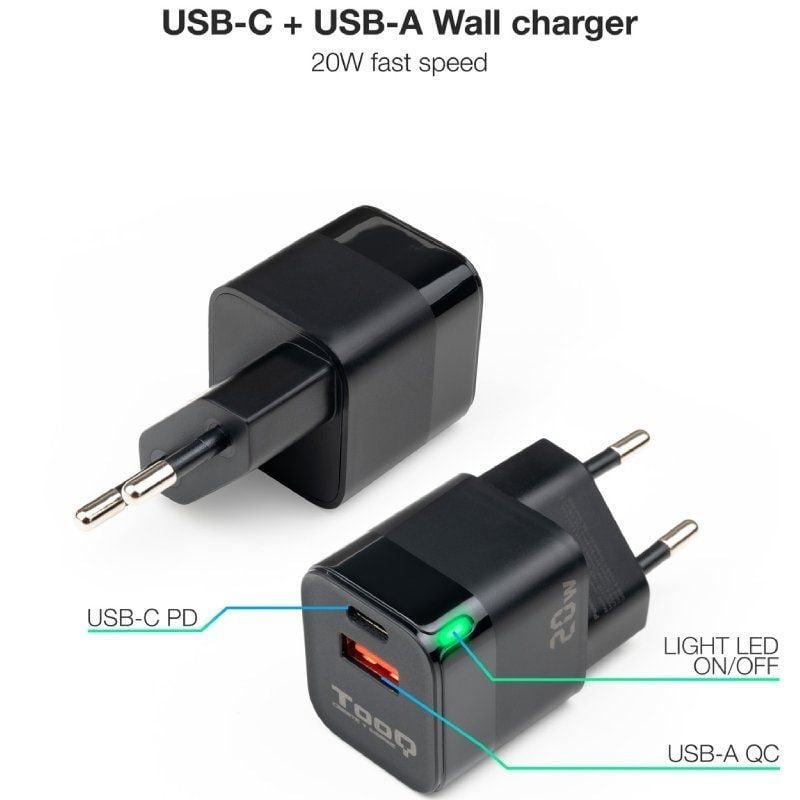 Cargador de Pared TooQ TQWC-QCPD20/ 1xUSB Tipo-C/ 1xUSB/ 20W - изображение 2