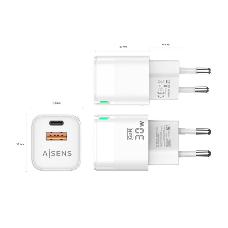 Cargador de Pared GaN Aisens ASCH-30W2P004-W/ 1xUSB Tipo-C/ 1xUSB/ 30W - изображение 3