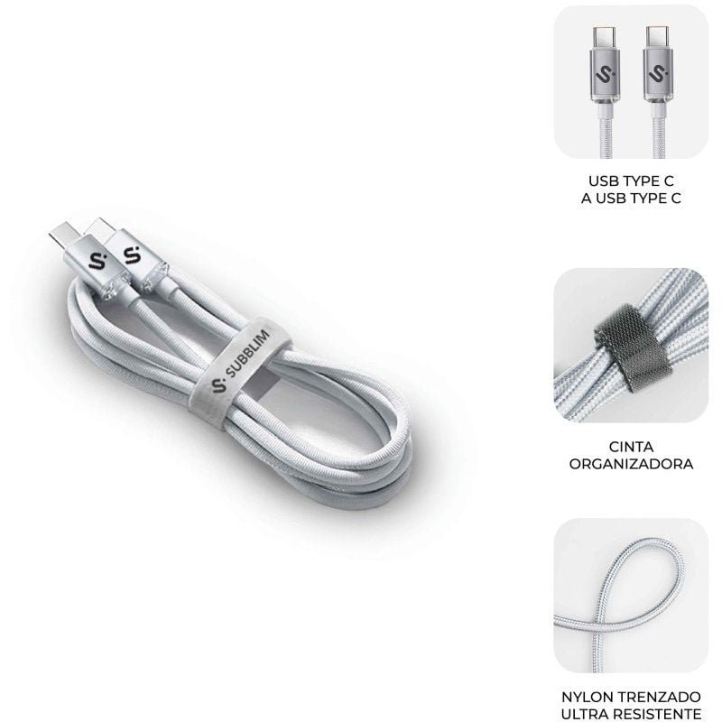 Cable USB 2.0 Tipo-C Subblim Optimus/ USB Tipo-C Macho - USB Tipo-C Macho/ Hasta 60W/ 480Mbps/ 1m/ Blanco - изображение 2