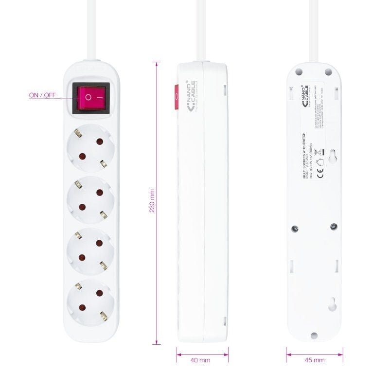 Regleta con Interruptor Nanocable 10.37.0004/ 4 Tomas de Corriente/ Cable 1.4m/ Blanca - изображение 3