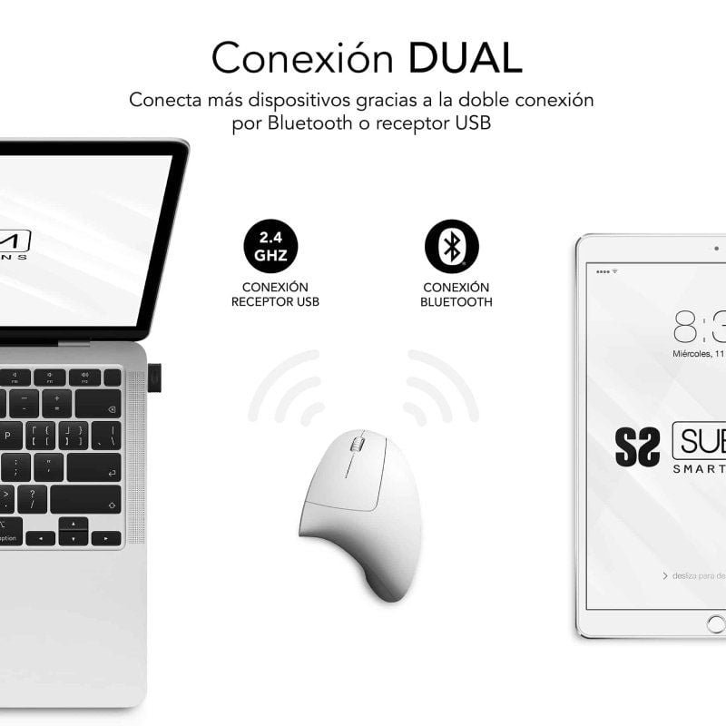 Ratón Vertical Inalámbrico por Bluetooth/ 2.4GHz Subblim Glide Vertical Ergo Dual Battery/ Batería Recargable/ Hasta 1600 DPI/ Blanco - изображение 2