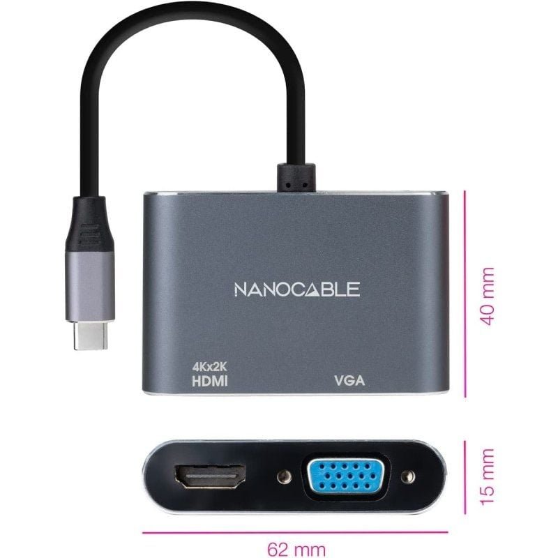 Conversor Nanocable 10.16.4303/ USB Tipo-C Macho/ HDMI Hembra - VGA Hembra/ 15cm/ Gris - изображение 2