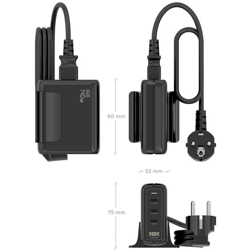 Cargador Sobremesa GaN Aisens ASCH-140W4P056-BK/ 3xUSB Tipo-C/ 1xUSB/ 140W - изображение 4