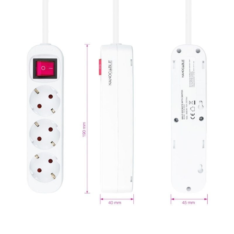 Regleta con Interruptor Nanocable 10.38.0003/ 3 Tomas de Corriente/ Cable 1.4m/ Blanca - изображение 3