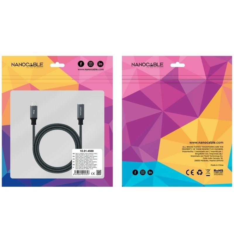 Cable Alargador USB Tipo-C 3.2 Nanocable 10.01.4502-COMB/ USB Tipo-C Macho - USB Tipo-C Hembra/ 2m/ Negro - изображение 4