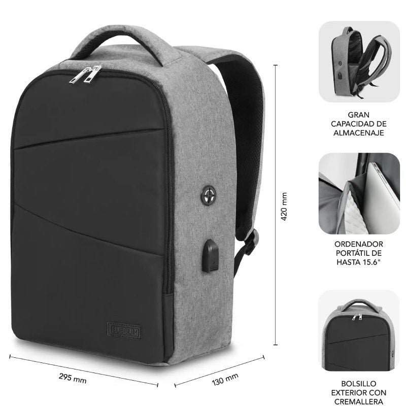 Mochila Subblim Secure V2 AP para Portátiles hasta 15.6"/ Puerto USB/ Antirrobo/ Gris - изображение 3