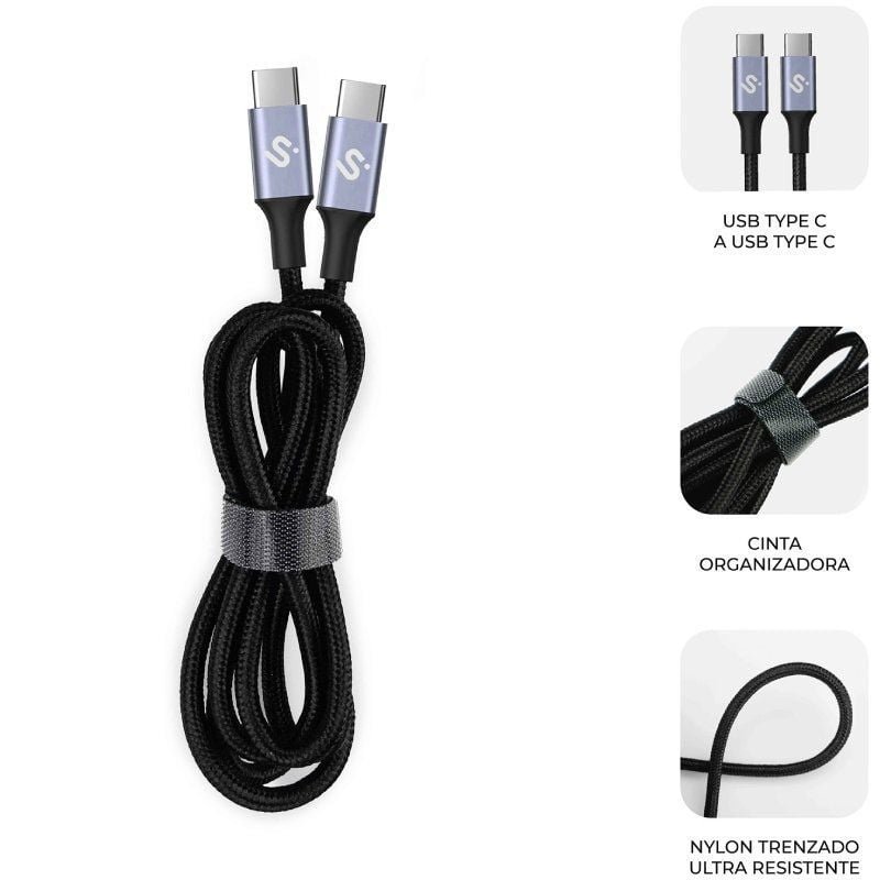 Cable USB 2.0 Tipo-C Subblim Plus/ USB Tipo-C Macho - USB Tipo-C Macho/ Hasta 100W/ 480Mbps/ 2m/ Negro - изображение 2