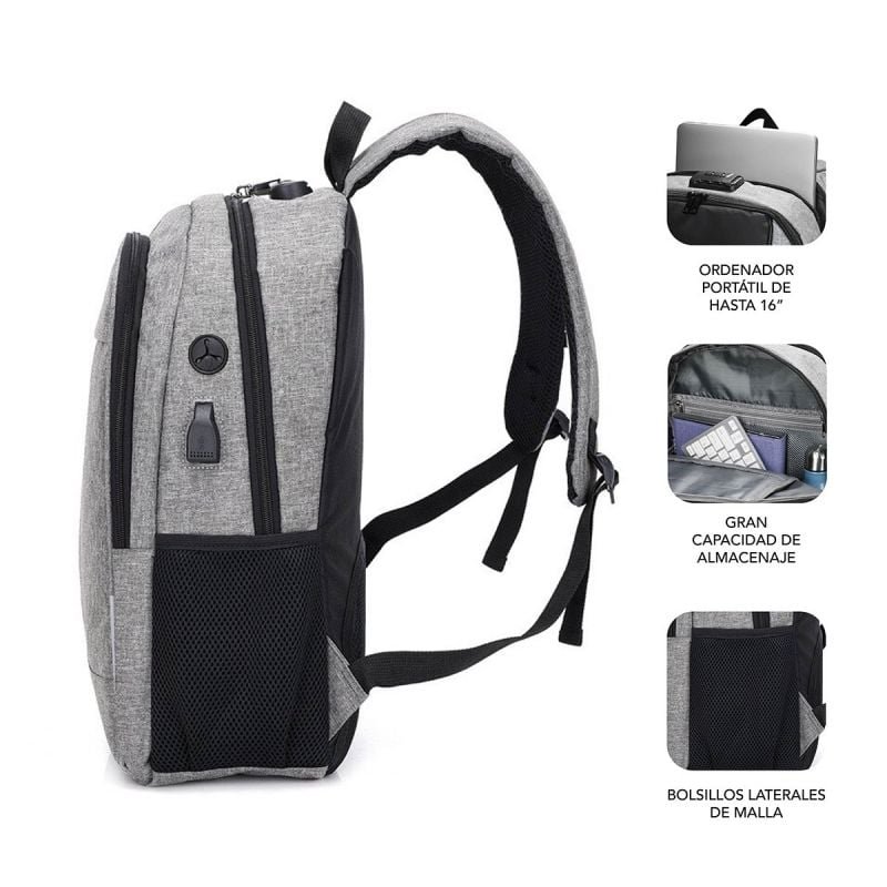 Mochila Subblim Urban Lock para Portátiles hasta 16"/ Puerto USB/ Antirrobo/ Gris - изображение 4