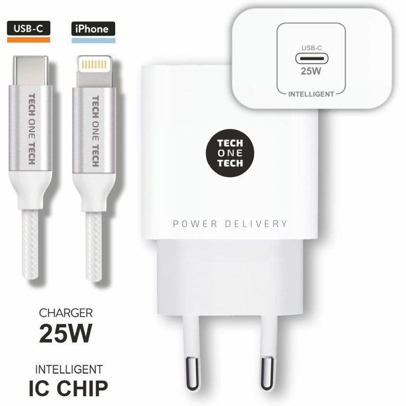 Cargador de Pared Tech One Tech TEC2265/ 1xUSB Tipo-C + Cable Lightning/ 3A/ Blanco - изображение 2