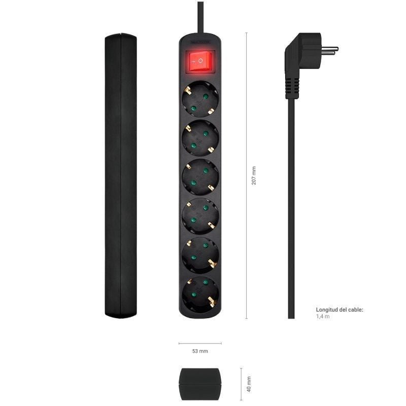 Regleta con Interruptor Aisens A154-0536/ 6 Tomas de Corriente/ Cable 1.4m/ Negro - изображение 3