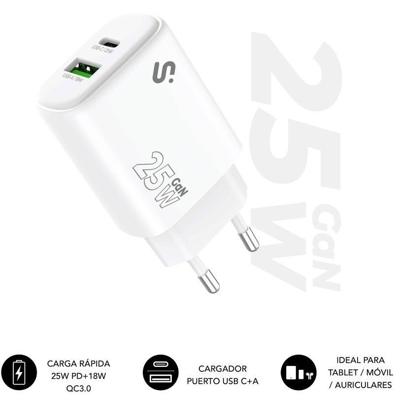 Cargador de Pared GaN Subblim 25W Charger USB C+A/ 1xUSB Tipo-C/ 1xUSB/ 25W