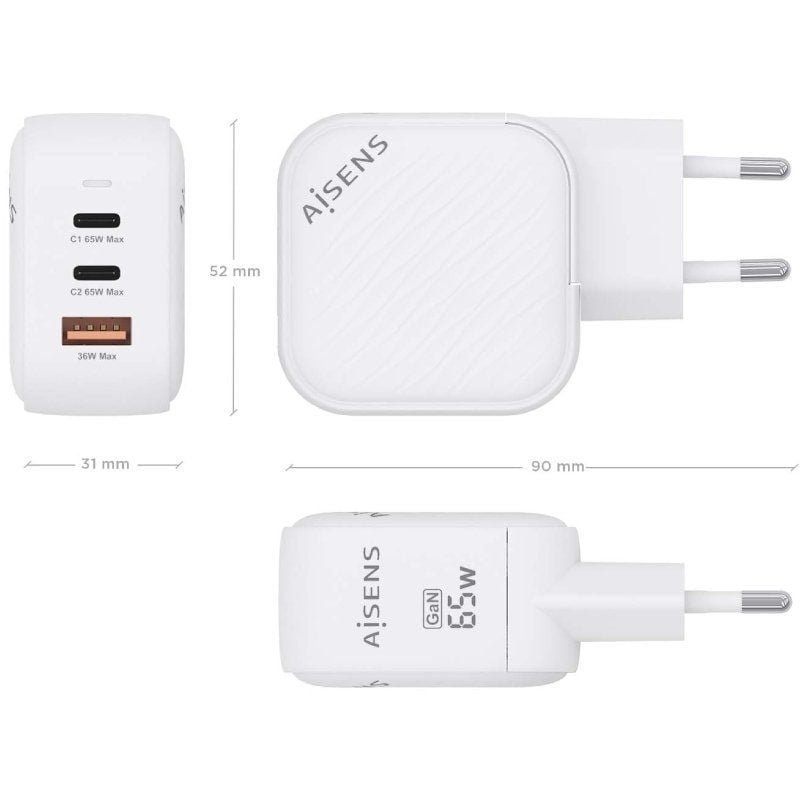 Cargador de Pared GaN Aisens ASCH-65W3P026-W/ 2xUSB Tipo-C/ 1xUSB/ 65W - изображение 4