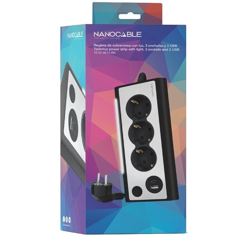 Regleta con Interruptor Nanocable 10.37.0013-BK/ 3 Tomas de Corriente/ 1 USB/ 1 USB Tipo C/ Cable 1.5m/ Negro - изображение 4