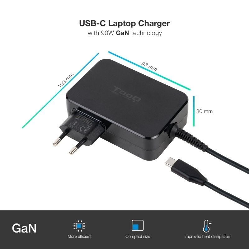 Cargador de Portátil GaN TooQ TQLC-USBCGAN90PD USB Tipo-C/ 90W/ Automático/ Voltaje 5-20V - изображение 2