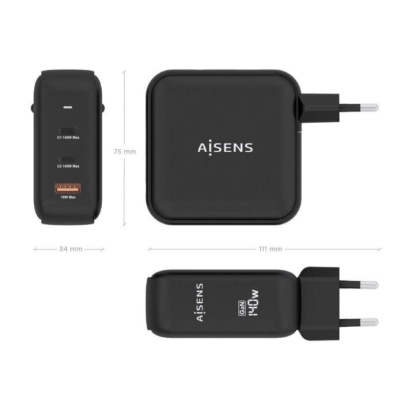 Cargador de Pared GaN Aisens ASCH-140W3P031-BK/ 2xUSB Tipo-C/ 1xUSB/ 140W - изображение 4