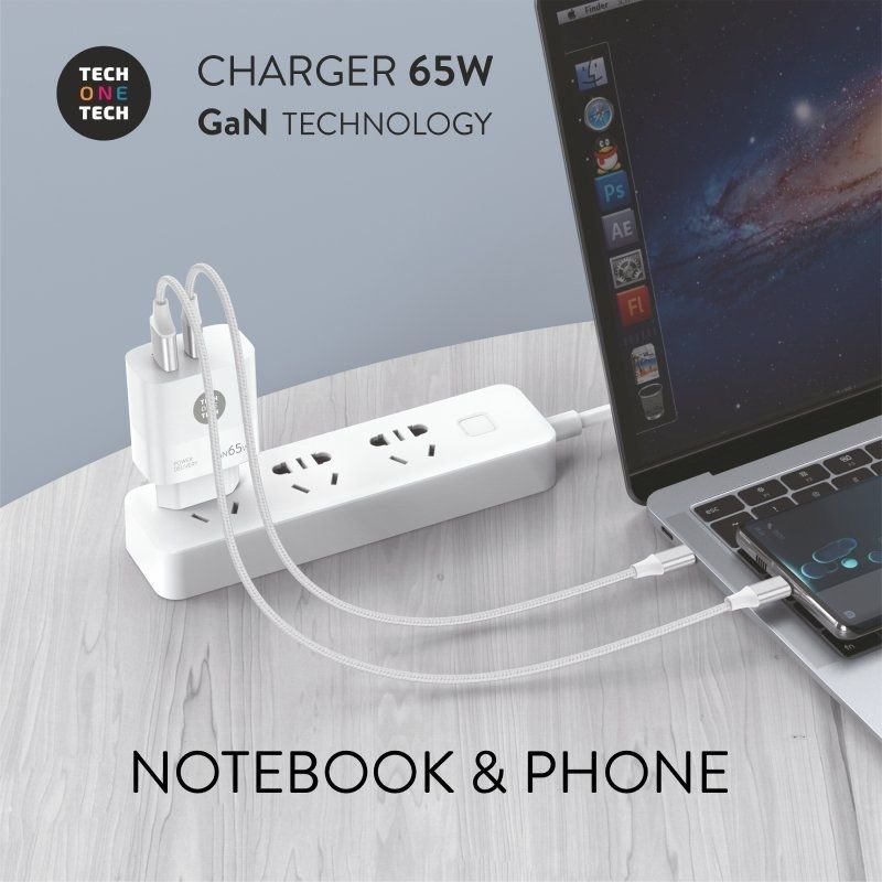 Cargador de Pared GaN Tech One Tech GaN TEC2270/ 1xUSB Tipo-C/ 1xUSB/ 65W/ Blanco - изображение 3