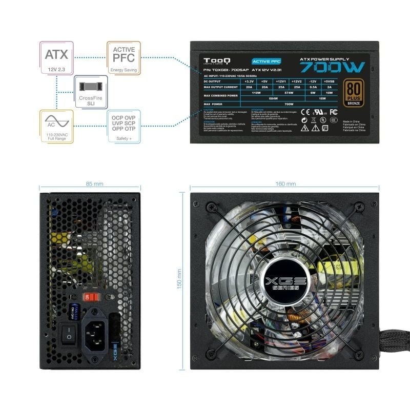 Fuente de Alimentación TooQ TQXGEII-700SAP/ 700W/ Ventilador 14cm/ 80 Plus Bronze - изображение 3