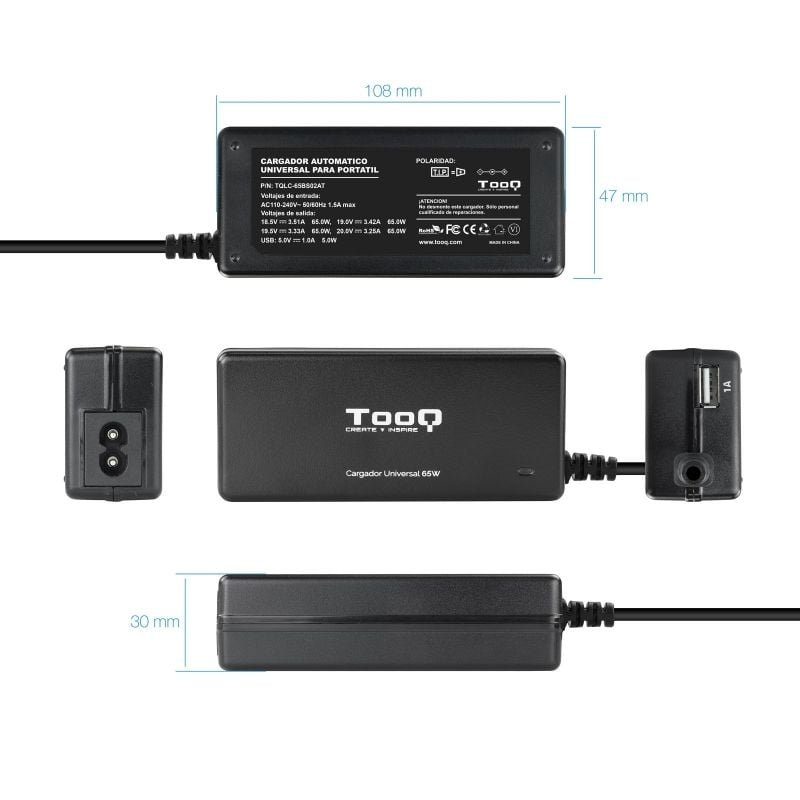Cargador de Portátil TooQ TQLC-65BS02AT/ 65W/ Automático/ 8 Conectores/ Voltaje 18.5-20V/ 1 USB - изображение 3