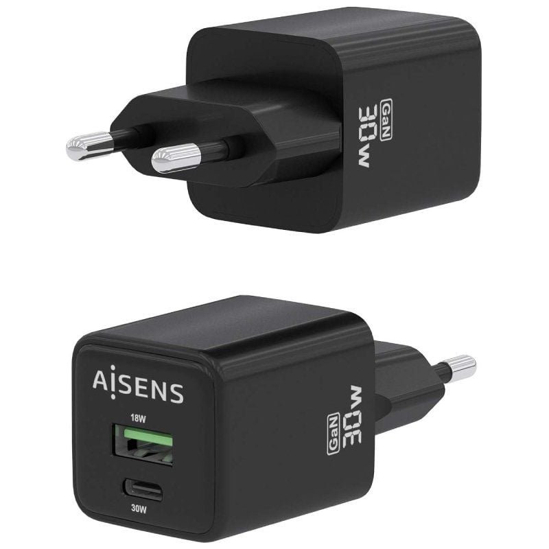 Cargador de Pared GaN Aisens ASCH-30W2P038-BK/ 1xUSB Tipo-C/ 1xUSB/ 30W - изображение 2