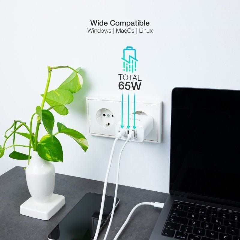 Cargador de Pared GaN TooQ TQWC-GANQC2PD65WT/ 2xUSB Tipo-C/ 1xUSB/ 65W - изображение 4