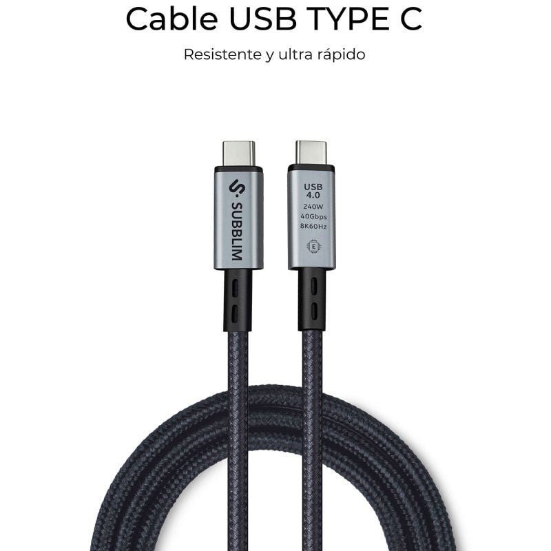 Cable USB 4.0 Tipo-C Subblim Cable High/ USB Tipo-C Macho - USB Tipo-C Macho/ Hasta 240W/ 1.5m/ Negro - изображение 3