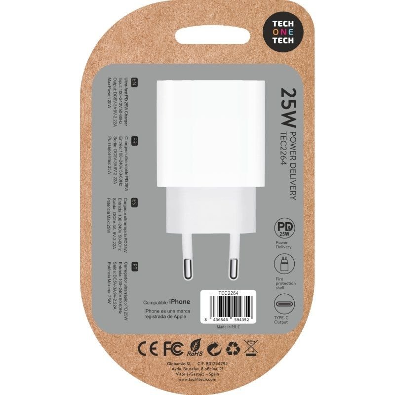 Cargador de Pared Tech One Tech TEC2264/ 1xUSB Tipo-C/ 25W/ Blanco - изображение 4