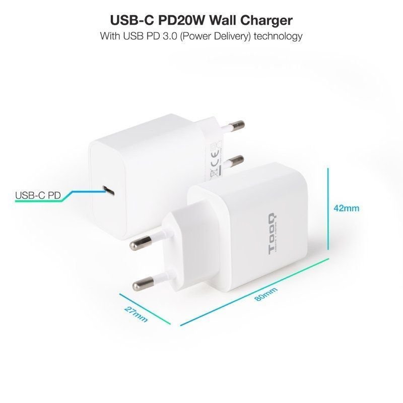Cargador de Pared TooQ TQWC-PDUSBC20W/ 1xUSB Tipo-C/ 20W - изображение 2