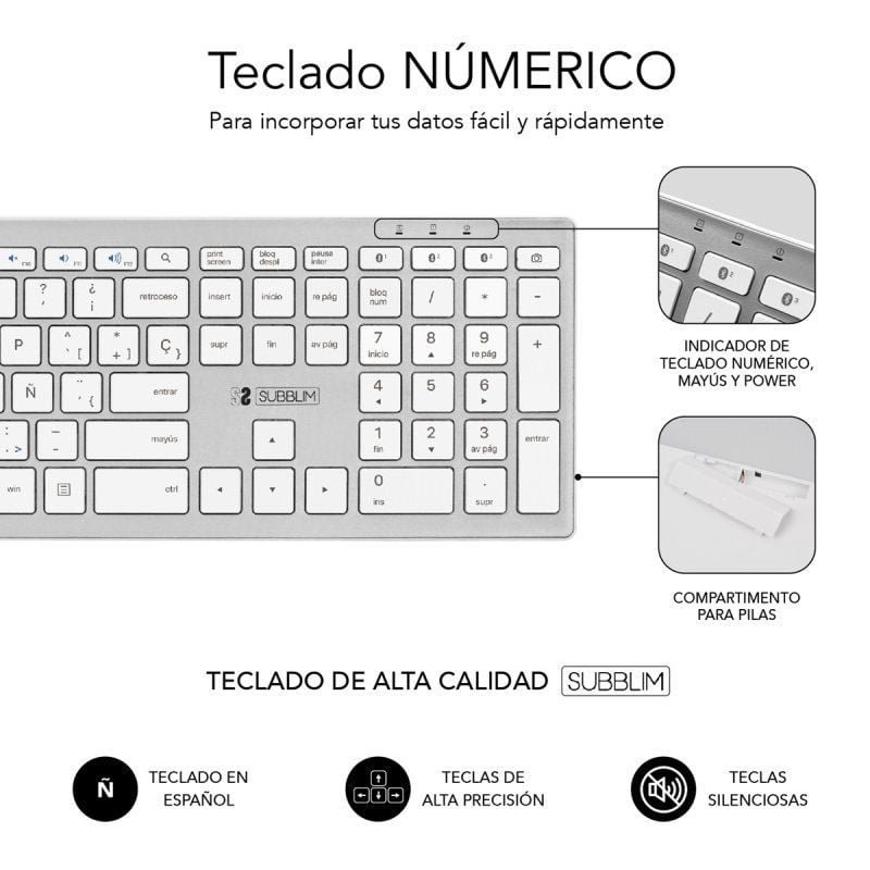 Teclado Inalámbrico por Bluetooth Subblim 2PUE200 Pure Extended/ Plata - изображение 4