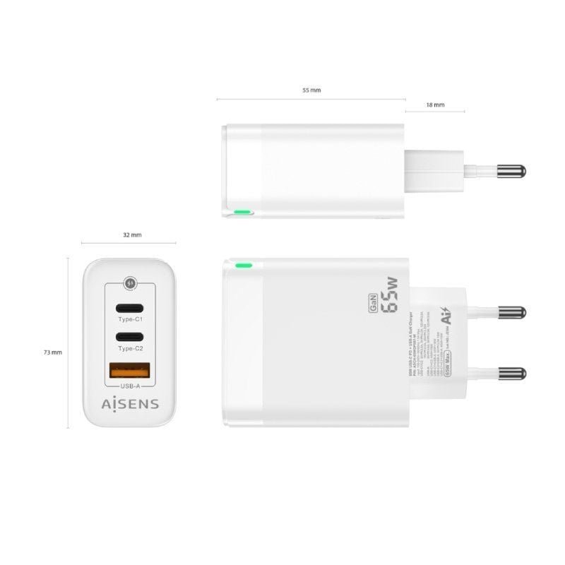 Cargador de Pared GaN Aisens ASCH-65W3P007-W/ 2xUSB Tipo-C/ 1x USB/ 65W - изображение 3