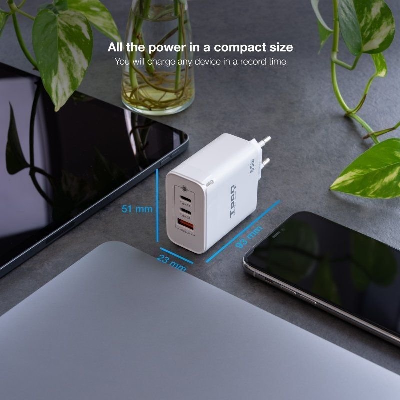 Cargador de Pared GaN TooQ TQWC-GANQC2PD65WT/ 2xUSB Tipo-C/ 1xUSB/ 65W - изображение 3