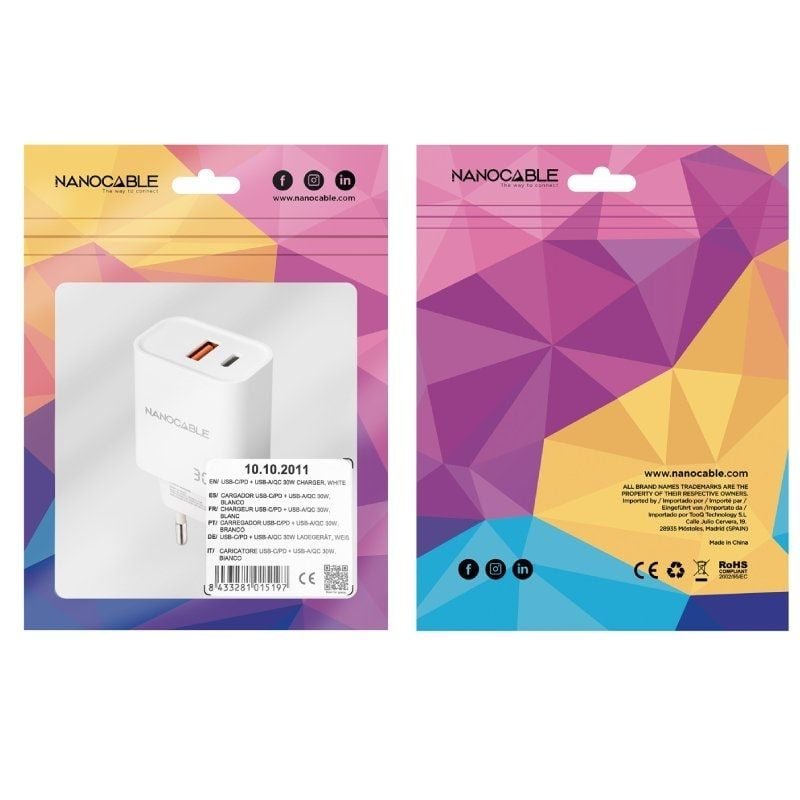 Cargador de Pared Nanocable 10.10.2011/ 1xUSB/ 1xUSB Tipo-C/ 30W/ Blanco - изображение 2