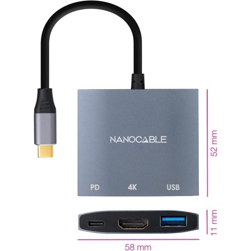 Conversor Nanocable 10.16.4306 USB Tipo-C/ HDMI 4K Hembra - USB Hembra - USB Tipo-C PD/ 15cm/ Gris - изображение 2