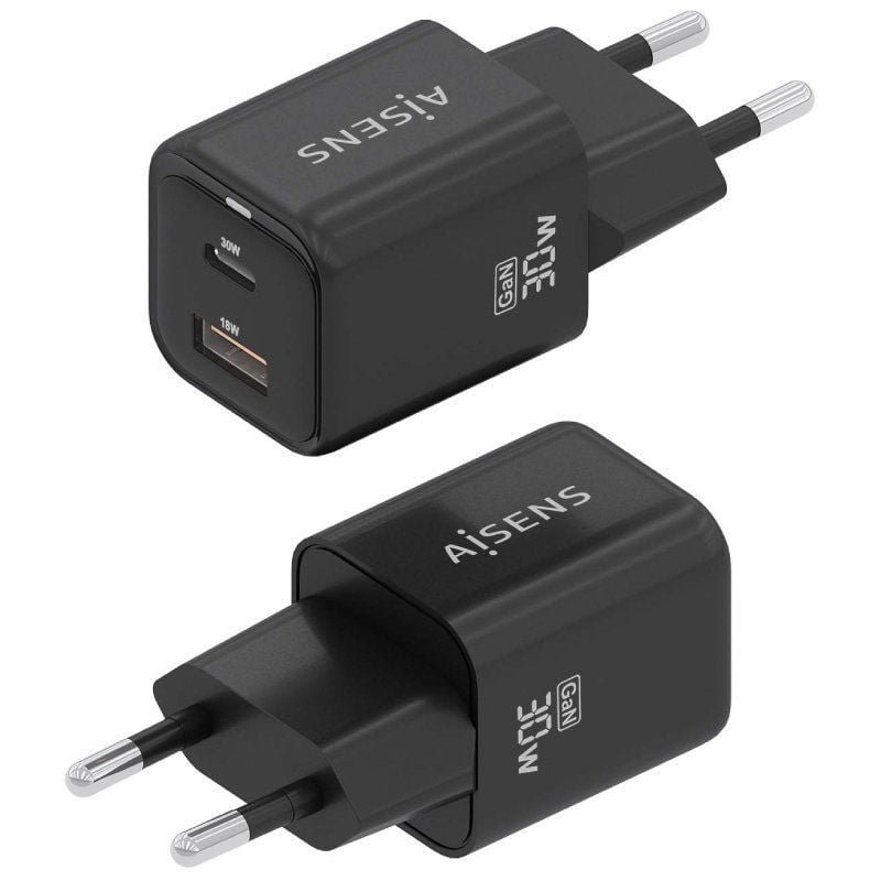 Cargador de Pared GaN Aisens ASCH-30W2P021-BK/ 1xUSB Tipo-C/ 1xUSB/ 30W - изображение 2