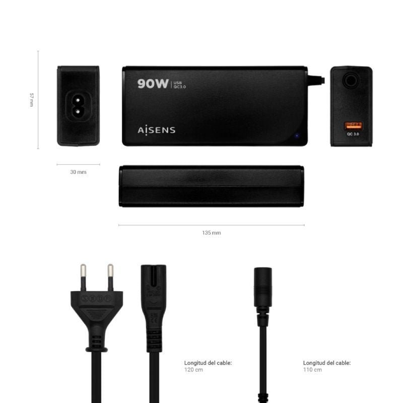 Cargador de Portátil Aisens ASLC-90WAUTO-BK/ 90W/ Automático/ 12 Conectores/ Voltaje 15-20V/ 1 USB QC3.0 - изображение 4
